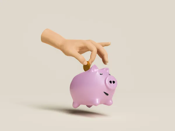 Mão Depositando Uma Moeda Banco Saltando Porquinho Conceito Poupança Felicidade — Fotografia de Stock