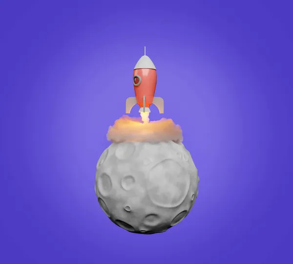 Ένας Μικρός Πύραυλος Απογειώνεται Από Φεγγάρι Και Απελευθερώνει Καπνό Απόδοση — Φωτογραφία Αρχείου