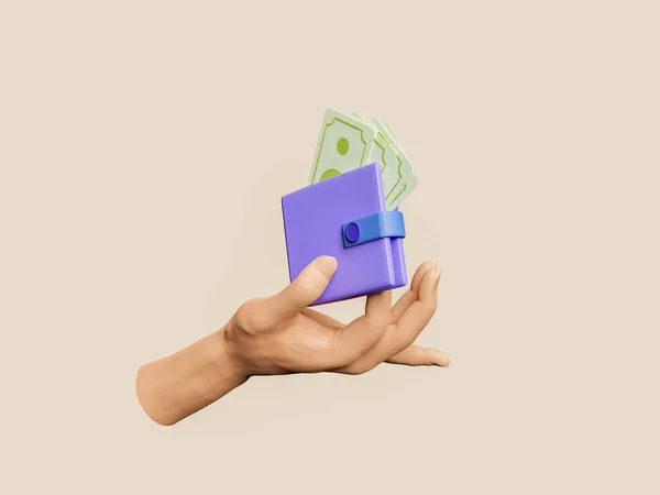 手里拿着钱包 里面有钞票 储蓄和货币的概念 3D渲染 — 图库照片