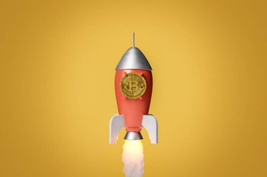 Bir araya getirilmiş Bitcoin ile yükselen roket. Başarı konsepti, yükseliş, fiyat, aya, kripto para birimleri, ticaret. 3d oluşturma