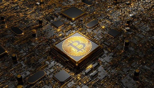 Isometrisk Processor Med Bitcoin Symbol Guldpläterad Kretskort Cryptocurrency Koncept Gruvdrift — Stockfoto