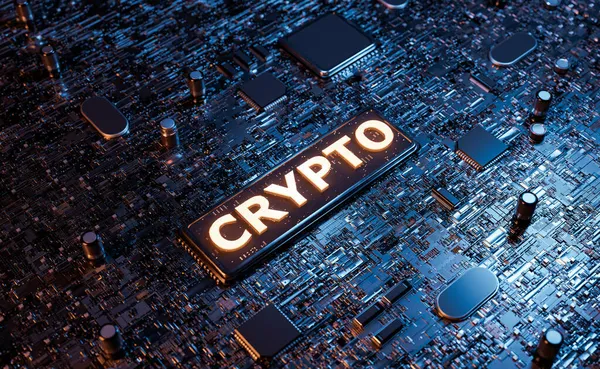 Crypto Signera Ett Elektroniskt Kort Fullt Mikrochips Begreppet Gruvdrift Kryptovalutor — Stockfoto