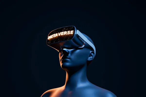 Mujer Conceptual Futurista Con Gafas Realidad Virtual Signo Iluminado Metaverse — Foto de Stock