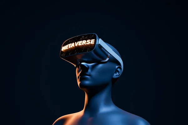 Sanal gerçeklik gözlükleri ve aydınlatılmış METAVERSE tabelasıyla kavramsal ve gelecekten gelen 3D kadın. Gelecekçi video oyunları, NFT, VR ve kripto konsepti. 3d oluşturma