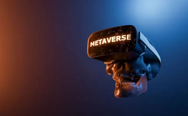 Czaszka Okularami Oświetlonym Znakiem Napisem Metaverse Futurystyczna Koncepcja Gier Wideo — Zdjęcie stockowe