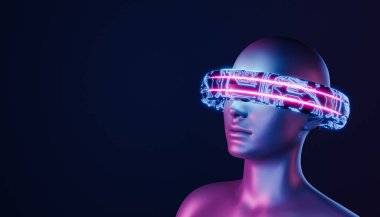 Gözlerini kapayan elektronik yüzüklü 3D kız. Neon ışıkları. Sanal gerçeklik, video oyunları, teknoloji, metaevren ve kripto gibi geleceksel kavramlar. 3d oluşturma