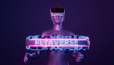 Sanal gerçeklik gözlüklü ve METAVERSE sözcüğüyle birlikte elektronik yüzüklü 3D kız. Neon ışıkları. Gelecekçi konsept, video oyunları, teknoloji ve kripto. 3d oluşturma