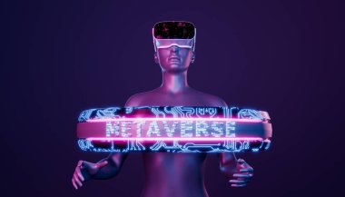 Sanal gerçeklik gözlüklü ve METAVERSE sözcüğüyle birlikte elektronik yüzüklü 3D kız. Neon ışıkları. Gelecekçi konsept, video oyunları, teknoloji ve kripto. 3d oluşturma