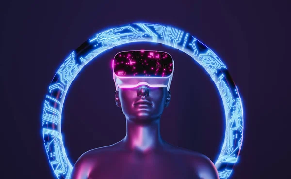 Sanal gerçeklik gözlüklü ve arkasında elektronik çember olan 3D kız. Neon ışıkları. Sanal gerçeklik, video oyunları, teknoloji, metaevren ve kripto gibi geleceksel kavramlar. 3d oluşturma