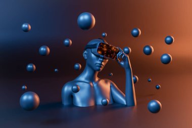 Sanal gerçeklik gözlükleri ve küreleri olan 3D kadın göğüsleri. Teknoloji, video oyunu, Nft, eğlence ve metaevren konsepti. 3d oluşturma