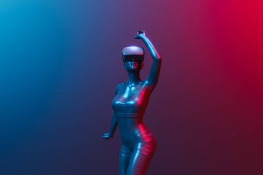 Sanal gerçeklik gözlükleriyle dans eden 3D kız ve yoğun renklerde neon ışıklı. Teknoloji, eğlence, eğlence ve metaevren kavramı. 3d oluşturma