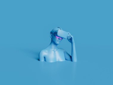 Minimalist ve monokromatik mavi sahneli VR gözlüklü 3D kadın göğüsleri. Eğlence, teknoloji, video oyunları ve metaevren konsepti. 3d oluşturma