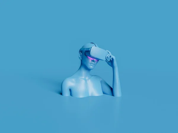 Kvinnliga Byst Med Glasögon Minimalistisk Och Monokromatisk Blå Scen Konceptet — Stockfoto