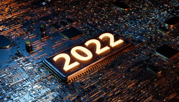 Elektronik bir kartın mikroçipinde 2022 numara aydınlandı. Teknolojik yeni yıl kavramı, yenilik ve silikon. 3d oluşturma