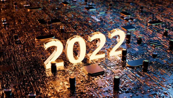 Mikroçipler ve kapasitörlerle dolu bir elektronik panoda 2022 numara aydınlatıldı. Teknolojik yeni yıl kavramı, yenilik ve silikon. 3d oluşturma