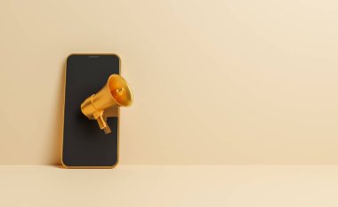 Önünde megafon ve mesaj için yer olan altın cep telefonu. Teklif, reklam, protesto, online ve tebligat konsepti. 3d oluşturma