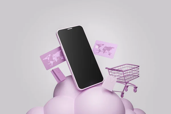 Teléfono Móvil Una Nube Esferas Con Carrito Compras Tarjetas Crédito — Foto de Stock
