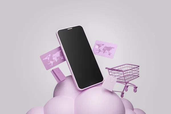 Etrafında alışveriş arabası ve kredi kartları olan bir küre üzerindeki cep telefonu. Çevrimiçi alışveriş, teklif ve iş konsepti. 3d oluşturma