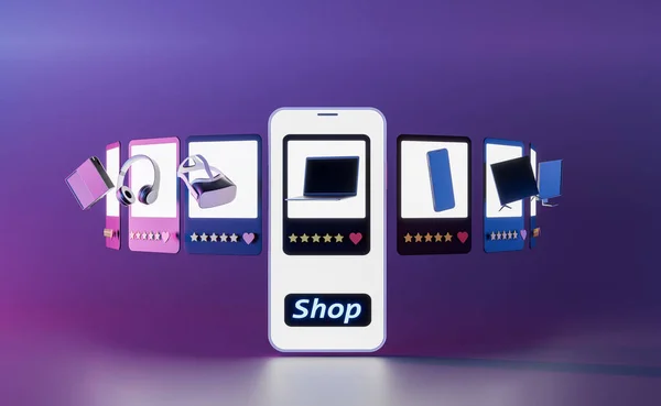 ネオンライト付きスライドの形でマルチメディアデバイスを搭載したモバイル画面 オンラインショッピング販売技術提供清算という概念です 3Dレンダリング — ストック写真