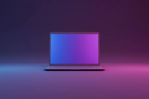 ネオンライト付きの最小限のノートパソコンの正面図です 3Dレンダリング — ストック写真