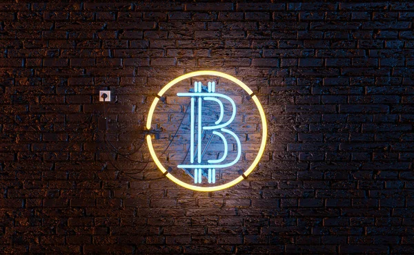 Lámpara Neón Con Símbolo Bitcoin Una Pared Ladrillo Oscuro Renderizado — Foto de Stock