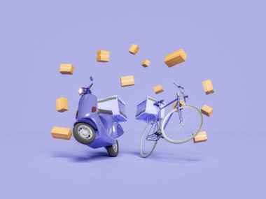 Scooter ve bisikletle etrafta kargo paketleri yüzüyor. Ev teslimatı, online alışveriş, hız ve servis konsepti. 3d oluşturma