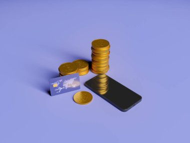Kredi kartı ve cep telefonu olan bir yığın bitcoin. Ekonomi, teknoloji, çevrimiçi ödeme, ademi merkeziyet ve ticaret kavramı. 3d oluşturma