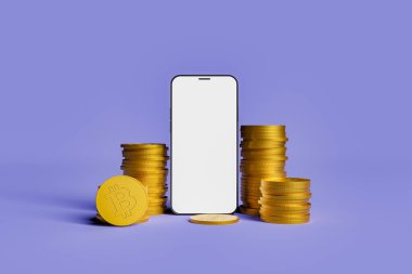 Cep telefonu ekranında yığınla bitcoin var. Tasarruf, yatırım, kripto para birimleri ve teknoloji kavramı. 3d oluşturma