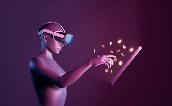 Soyut 3D kız cep telefonunun ekranına dokunup havaya bozuk para atıyor. Meta-evren konsepti, kazanmak için oyun, teknoloji, sanal gerçeklik, ekonomi ve pasif gelir 3d yorumlama