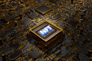 NFT sign on a microchip on a golden electronic board. concept of digital art, technology, blockchain, metaverse and NFTs. 3d rendering clipart