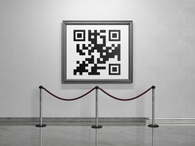 Müzede, önünde kadife bariyerler olan bir tablonun soru cevap kodu. Dijital sanat konsepti, NFT, teknoloji ve gelecek. 3d oluşturma.