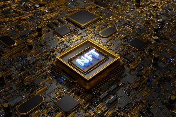 Altın bir elektronik panodaki mikroçipte NFT işareti. Dijital sanat, teknoloji, engelleme zinciri, metaevren ve NFT konsepti. 3d oluşturma