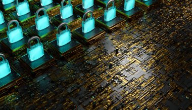 electronic board with microchips and luminous padlocks on top. blockchain concept, security, hacking, technology, crypto and nft. 3d rendering clipart