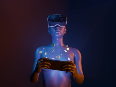 3D kız cep telefonuyla oynuyor, etrafta bozuk paralar ve sanal gerçeklik gözlüğü var. Neon ışıkları. Metastazın gelecekteki konsepti, kazanmak için oynamak, nft ve crypto para birimleri. 3d oluşturma