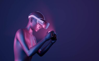 Sanal gerçeklik gözlüklü 3D kız cep telefonuyla oynuyor. Neon ışıkları. Metastazın gelecekteki konsepti, kazanmak için oynamak, nft ve crypto para birimleri. 3d oluşturma
