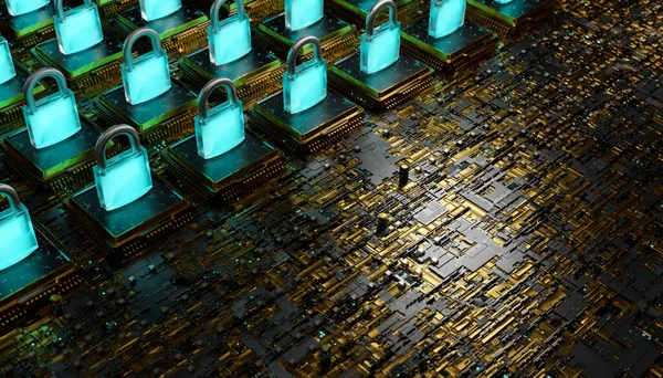 Üzerinde mikroçipler ve parlak asma kilitler olan elektronik bir tahta. Blockchain konsepti, güvenlik, hack, teknoloji, kripto ve Nft. 3d oluşturma