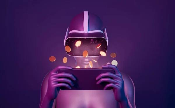VR gözlükleri ve bozuk paralarla cep telefonuyla oynayan 3D bir kızın yakın çekimi. Neon ışıkları. Metastazın gelecekteki konsepti, kazanmak için oynamak, nft ve crypto para birimleri. 3d oluşturma
