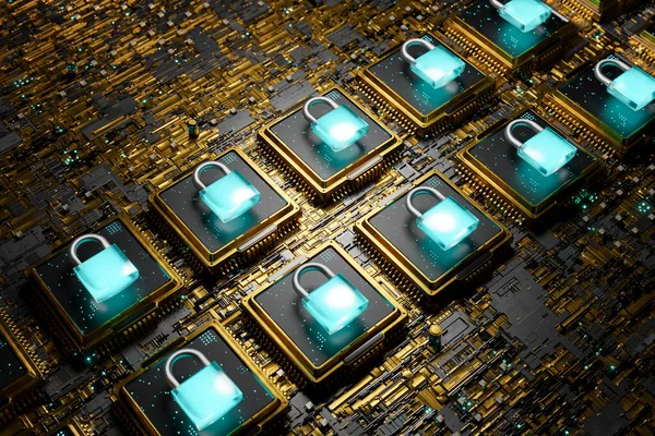 Altın bir elektronik panoda mikroçip kilidi var. Blockchain teknolojisi, güvenlik, nft, crypto ve metaverse konsepti. 3d oluşturma