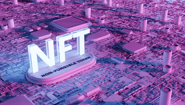 Parça ve neon ışıklarla dolu bir anakart üzerinde NFT kelimesi. Metaevren konsepti, nft, kazanmak için oyun, kripto, engelleme zinciri ve teknoloji. 3d oluşturma