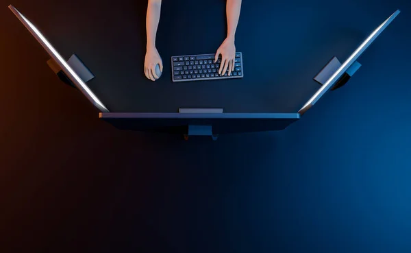 3つの画面とキーボードに触れる手のあるワークスペースのトップビュー 家庭やオフィスやフリーランスの仕事の概念です 3Dレンダリング — ストック写真