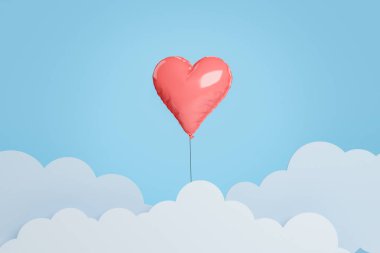 background of heart shaped balloon between flat clouds with blue background. minimalistic concept of valentine's day. 3d rendering