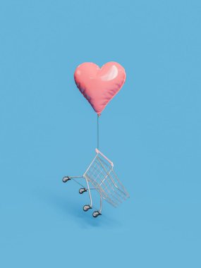 shopping cart flying with a heart shaped balloons tied to it. valentine's day concept, shopping and offers. 3d rendering