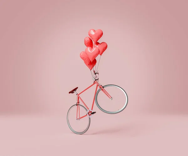 Flying Bicycle Several Heart Balloons Tied Handlebars Valentine Day Concept — 스톡 사진