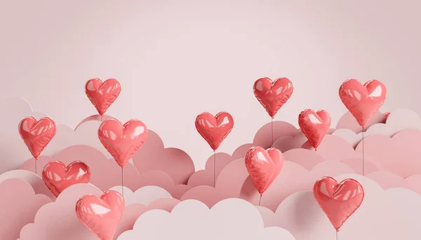 Background Heart Shaped Balloons Flat Clouds Valentines Day Concept Love — Stockfoto