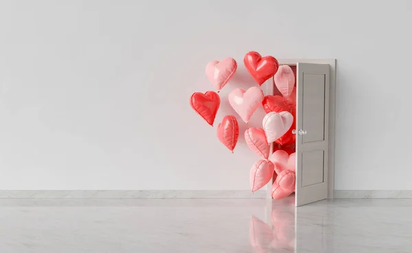 room with open door and heart shaped balloons entering. concept of valentines arrival, gifts, love, marriage and romantic. 3d rendering