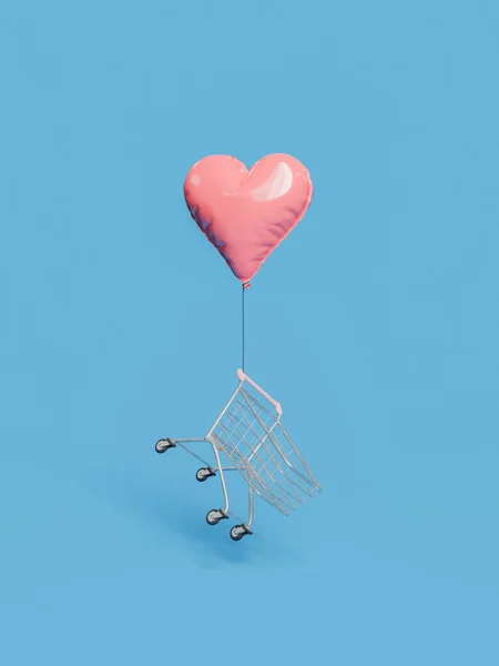 Shopping Cart Flying Heart Shaped Balloons Tied Valentine Day Concept — Stockfoto