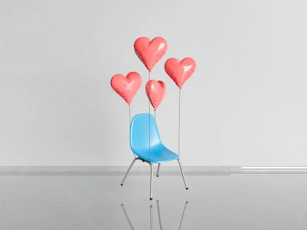 Chair Floating Air Heart Shaped Balloons Empty Room Minimal Concept — Stockfoto