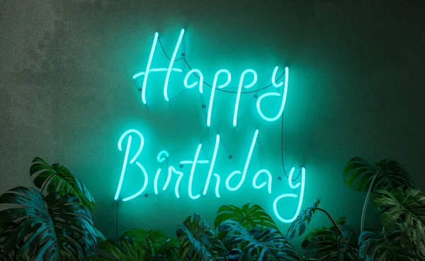 Happy Birthday Neon Sign Plants Front Rendering — 图库照片