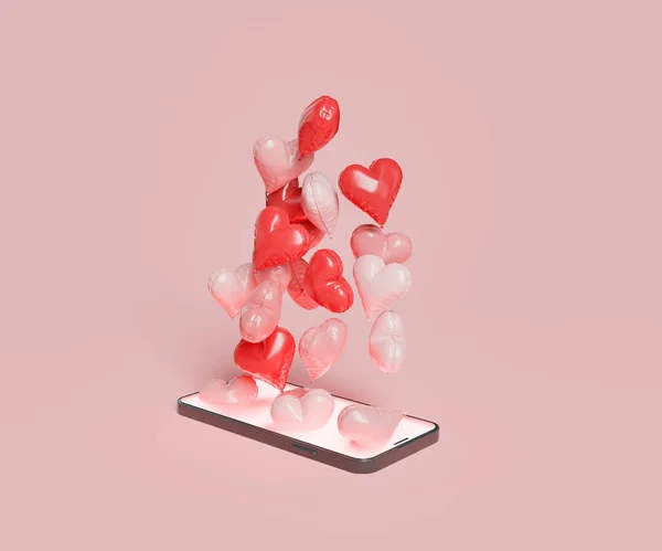 Mobile Phone Heart Balloons Coming Out Screen Valentine Day Concept — Photo