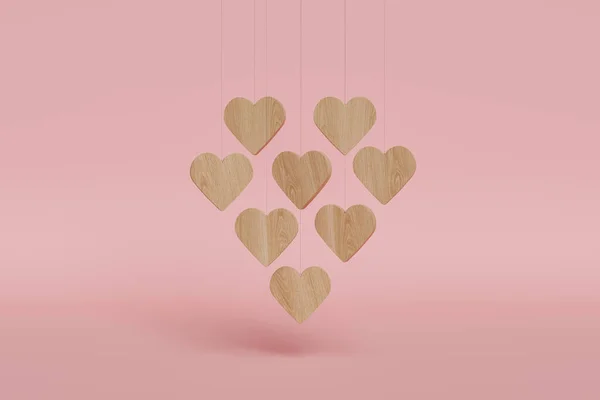 Wooden Hearts Hanging Heart Shape Red Background Minimal Concept Valentine — 스톡 사진